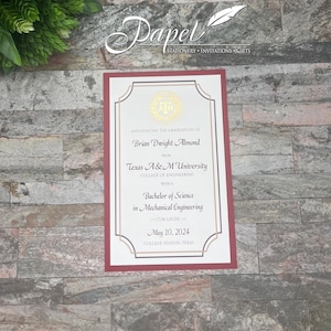May include: A white graduation announcement with a red border. The announcement features a gold seal with the letters "A&M" and the text "Announcing the graduation of Brian Dwight Almond from Texas A&M University College of Engineering with a Bachelor of Science in Mechanical Engineering Cum Laude May 10, 2024 College Station, Texas."