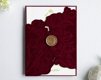 Elegant Burgundy Velvet Laser Cut Gatefold with Elegant Embossed Floral Design (other colors available)