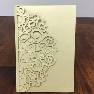 Horizontal Laser Cut Wedding Invitations Pocket Tri-fold Wedding Invitation Laser Cut Traditional Metallic Gold Wedding Invites Laser Cut image 9