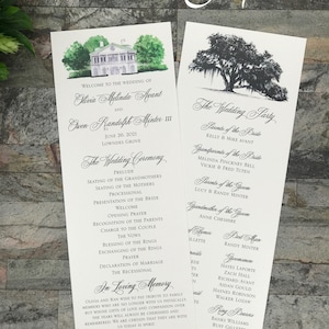 May include: Wedding ceremony program with a watercolor illustration of a house on the front and a tree on the back. The program includes the names of the bride and groom, Olivia Melinda Avant and Owen Randolph Minter III, the date of the wedding, June 26, 2021, and the location, Lowndes Grove. The program also includes a list of the wedding party members and a section for in loving memory.
