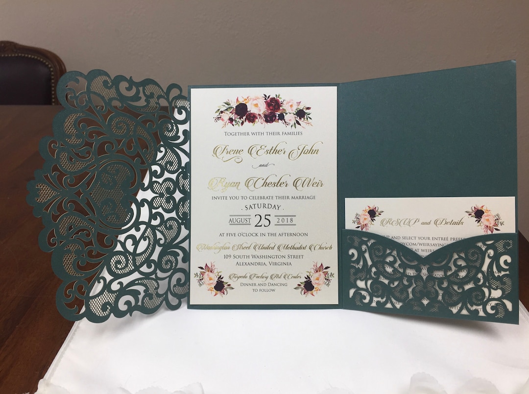 Emerald Green Laser Cut Wedding Invitations Dark Green Pocket Wedding