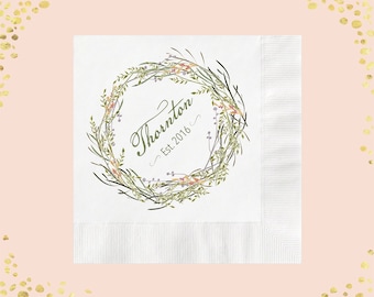 Personalized Floral Wedding Napkins: Custom Monogrammed Cocktail or Luncheon