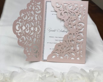 Qty of 50 Custom Ivory Shimmer Graceful Lace Wedding Invitation Pocket, Other Color Options Available Invitation Pockets by Kim Stealey