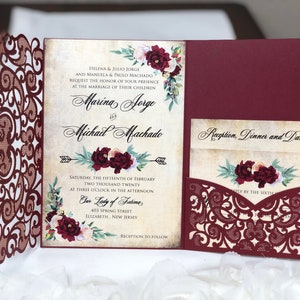 Burgundy Rose Laser Cut Wedding Invitations Sweet 16 Invitation Quinceanera Invitation Marsala Burgundy Navy Pocket Laser Cut Jackets