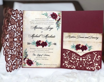 Burgundy Rose Laser Cut Wedding Invitations Sweet 16 Invitation Quinceanera Invitation Marsala Burgundy Navy Pocket Laser Cut Jackets