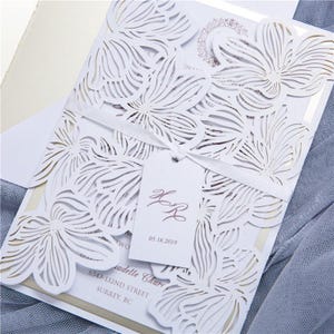 Tropical Floral Laser Cut Invitation Pocket | Orchid Gatefold Jacket | Shimmer Cardstock image 1