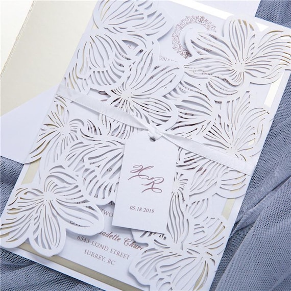Tropical Floral Laser Cut Invitation Pocket | Orchid Gatefold Jacket | Shimmer Cardstock