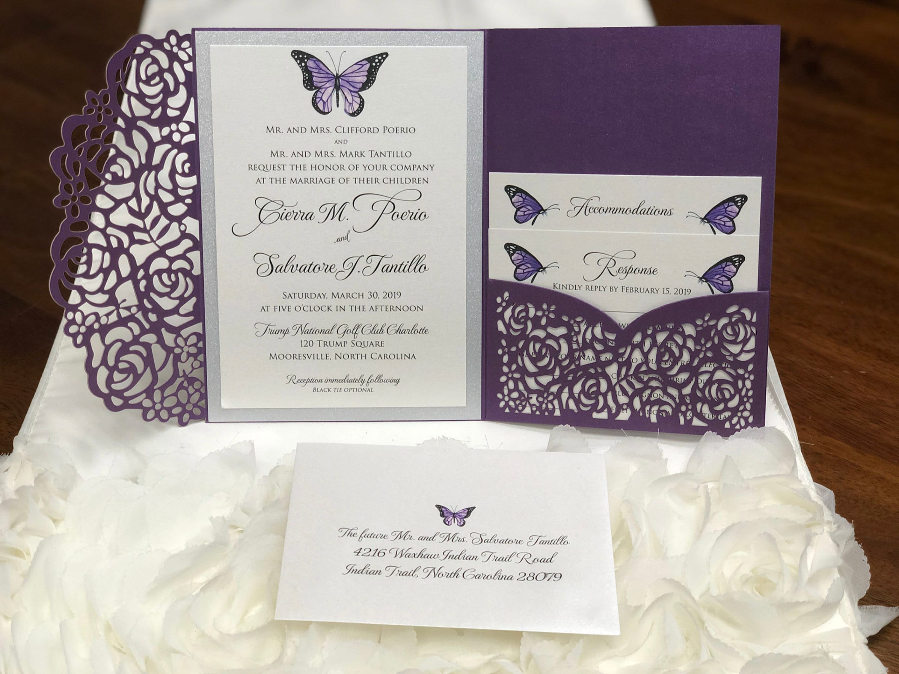 Gorgeous Purple Shimmer Butterfly Laser Cut Wedding Invitations Pocket Wedding Invitations Die Cut Laser Cut Jacket Laser Cut Navy Etsy UK