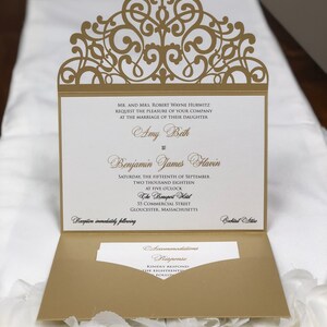 Horizontal Laser Cut Wedding Invitations Pocket Tri-fold Wedding Invitation Laser Cut Traditional Metallic Gold Wedding Invites Laser Cut image 4