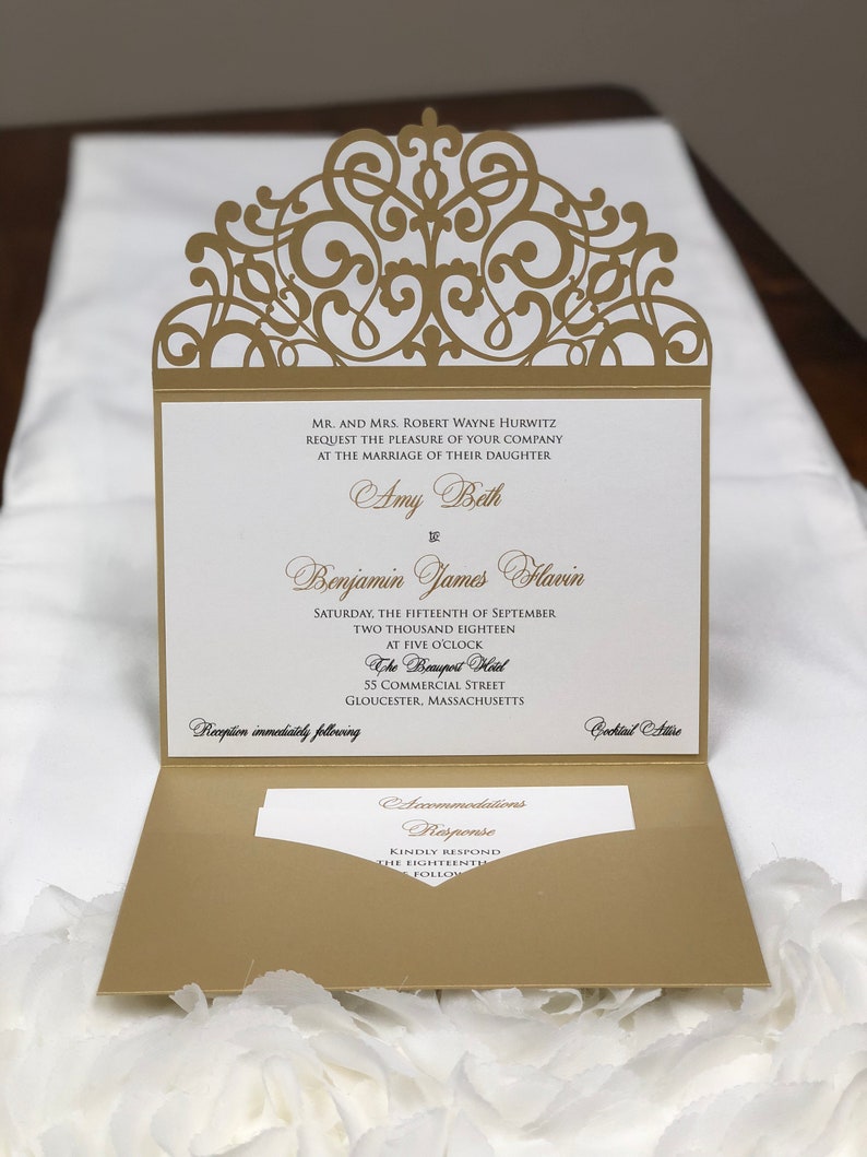 Horizontal Laser Cut Wedding Invitations Pocket Tri-fold Wedding Invitation Laser Cut Traditional Metallic Gold Wedding Invites Laser Cut image 4