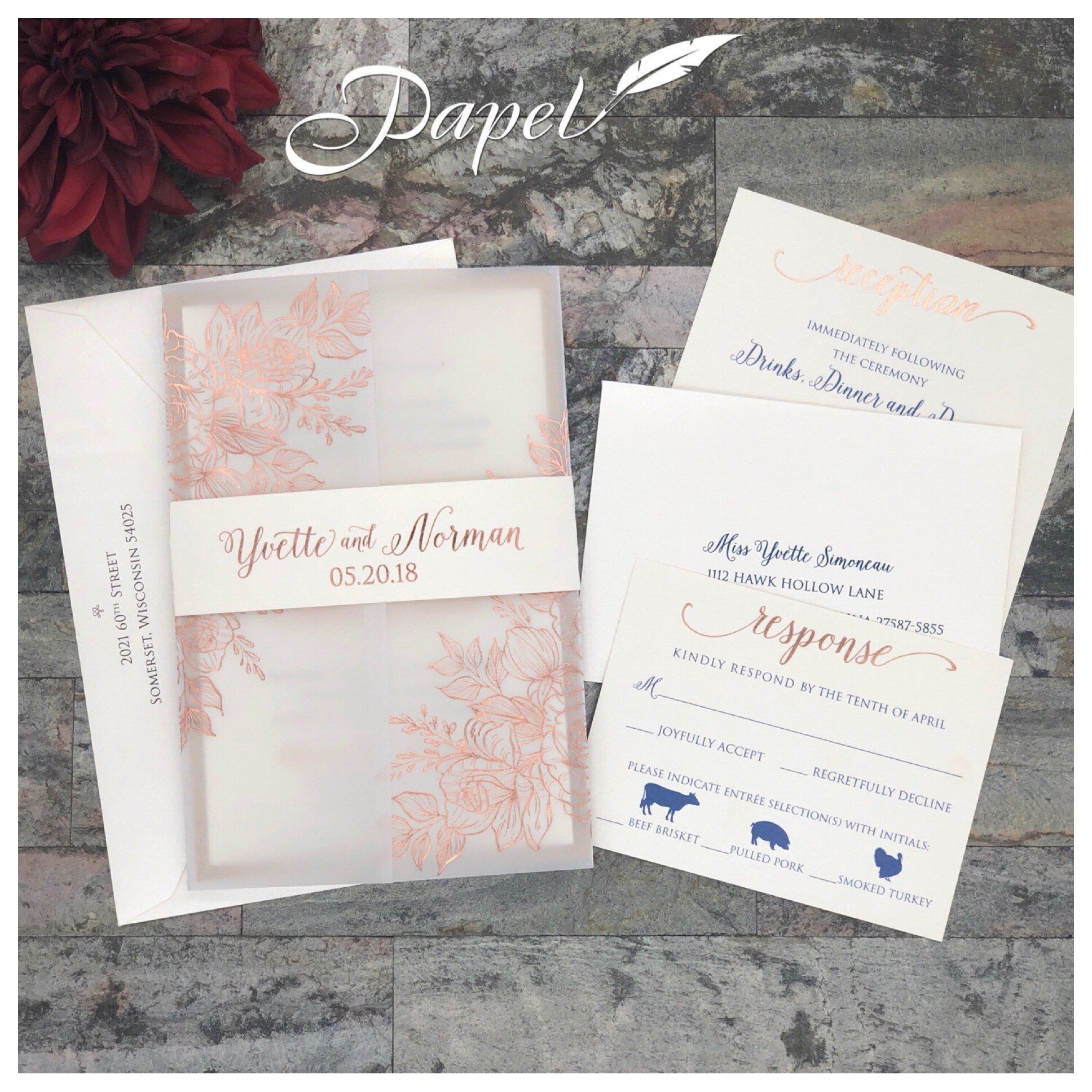 Luxury Foil Floral Vellum Paper Pocket Wholesale Wedding Invitation WPV0003