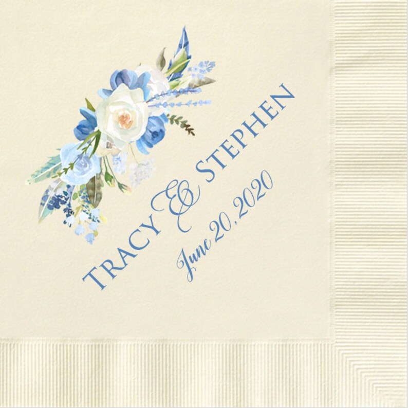 Dusty Blue Floral Personalized Cocktail Napkins Quinceañera Etsy
