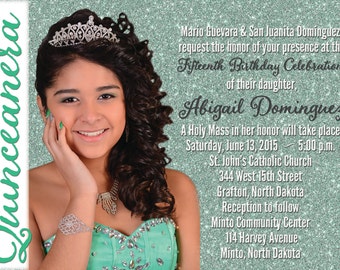 Photo Quinceanera Invitation: Glitter Look, Custom Colors