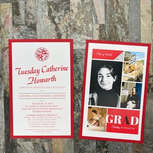 May include: Two graduation announcements with red borders. The left announcement reads "Tuesday Catherine Howarth" and details her graduation from California State University, Northridge. The right announcement says "Class of 2022" and "GRAD Tuesday Howarth" with photos.