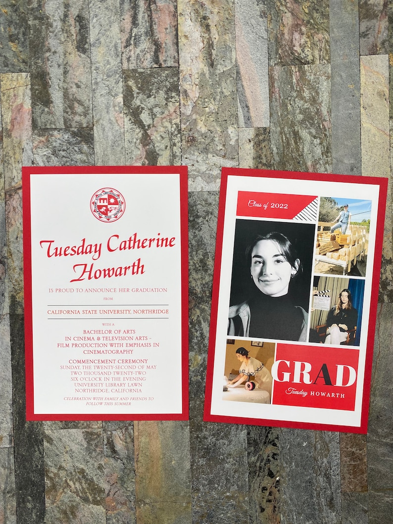May include: Two graduation announcements with red borders. The left announcement reads "Tuesday Catherine Howarth" and details her graduation from California State University, Northridge. The right announcement says "Class of 2022" and "GRAD Tuesday Howarth" with photos.