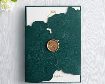 Emerald Green Laser Cut Gatefold with Elegant Embossed Floral Design (other colors available)
