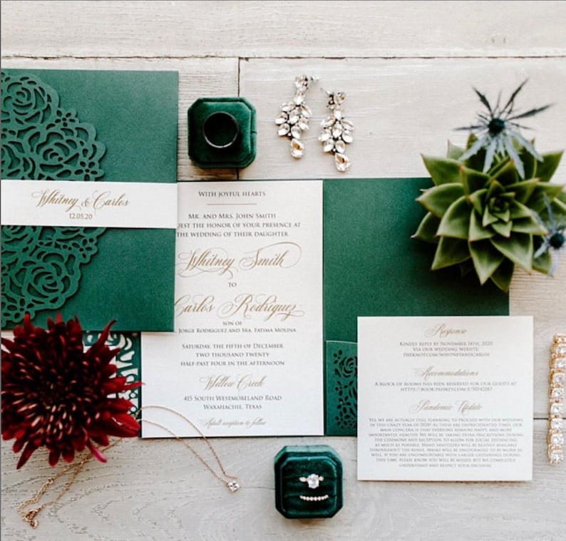 Emerald Green Laser Cut Wedding Invitations Pocket Etsy