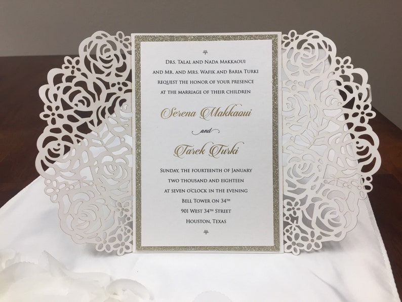 Rose Gold Glitter Laser Cut Wedding Invitations Gold Glitter Wedding Die Cut Black Glitter Laser Cut Silver Glitter Rose Wedding Invites