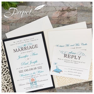 Ivory Shimmer Laser Cut Wedding Invitations with Disney like designs and teal or black accents Pocket, Jacket, Envelope, Folder, Pocketfold image 7