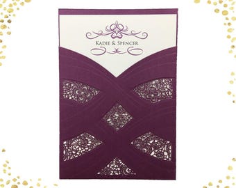 Laser Cut Wedding Invitations: Purple Shimmer, Square Die Cut
