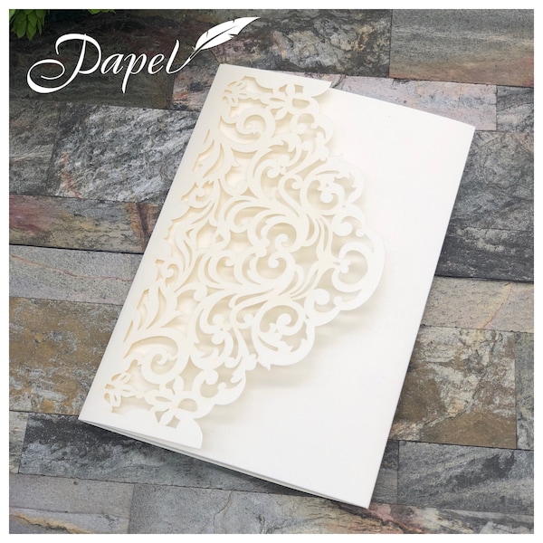 POCKET only - DIY Gorgeous Laser Cut Swirl Design Tri-fold Pocket Ivory Shimmer Envelope Lots of color options