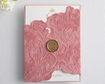 Exquisite Dusty Pink Velvet Laser Cut Gatefold with Elegant Embossed Floral Design (other colors available)