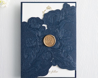 Navy Shimmer Laser Cut Gatefold with Elegant Embossed Floral Design (other colors available)