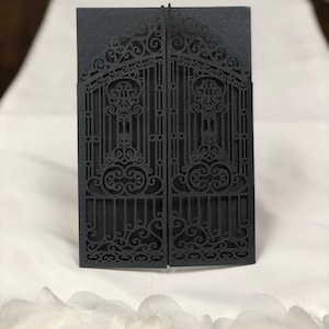 Retro Iron Gate Laser Cut Invitation Pocket – DIY Wedding Jacket in Shimmer Colors | No Inserts | Pocket Only for Custom Invites
