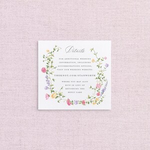 May include: A white card with a floral border and the text "Details" in a gray font. The card provides information about additional wedding details, including accommodations options, and directs guests to theknot.com/stanworth for more information. The card also includes instructions for RSVP in lieu of returning a reply card.