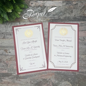 May include: Two maroon and gold graduation announcements. The top of each announcement features a gold seal with the letters "A&M" inside. The text on the left announcement reads "Announcing the graduation of Hera Lynn Albright from Texas A&M University College of Engineering with a Bachelor of Science in Leadership Development Cum Laude Gig'em! Class of 2024". The text on the right announcement reads "Announcing the graduation of Brian Dwight Almond from Texas A&M University College of Engineering with a Bachelor of Science in Mechanical Engineering Cum Laude May 10, 2024 College Station Texas".