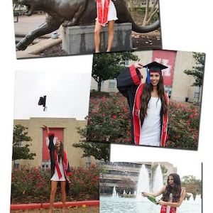 May include: A collection of photos capturing a graduation celebration. A woman in a white dress and red sash poses with a bronze cougar statue. Other photos show her in a cap and gown, throwing her cap, and popping a champagne bottle.
