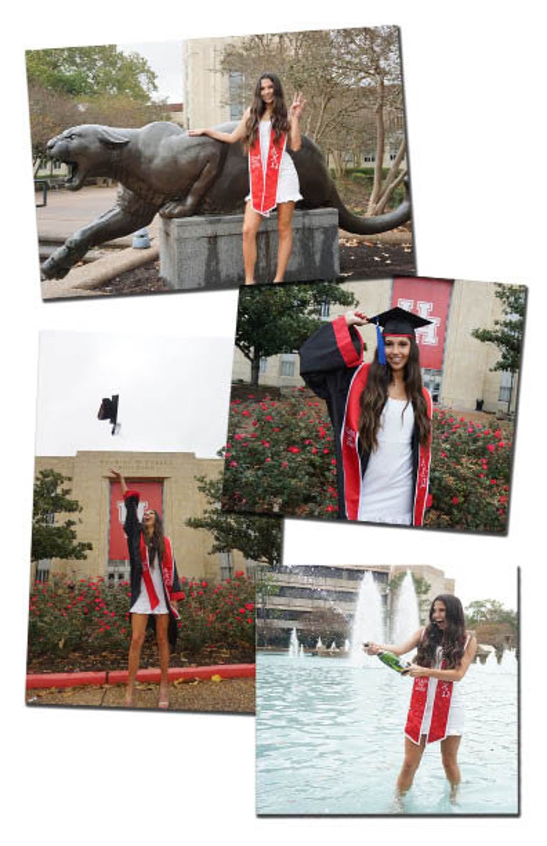 May include: A collection of photos capturing a graduation celebration. A woman in a white dress and red sash poses with a bronze cougar statue. Other photos show her in a cap and gown, throwing her cap, and popping a champagne bottle.