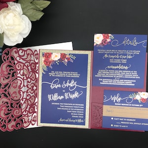 Burgundy Marsala Graceful Heart Gold Foil Navy Champagne Gold Glitter Wedding Invitation Pocket Wedding invitation Die Cut Laser Cut Floral