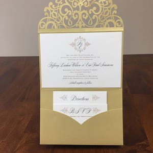 Horizontal Laser Cut Wedding Invitations Pocket Tri-fold Wedding Invitation Laser Cut Traditional Metallic Gold Wedding Invites Laser Cut image 1