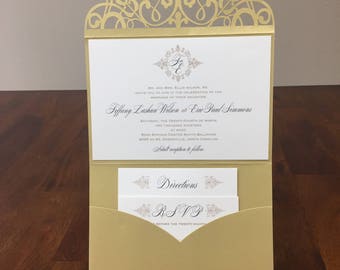 Laser Cut Wedding Invitations: Metallic Gold Tri-fold Pocket