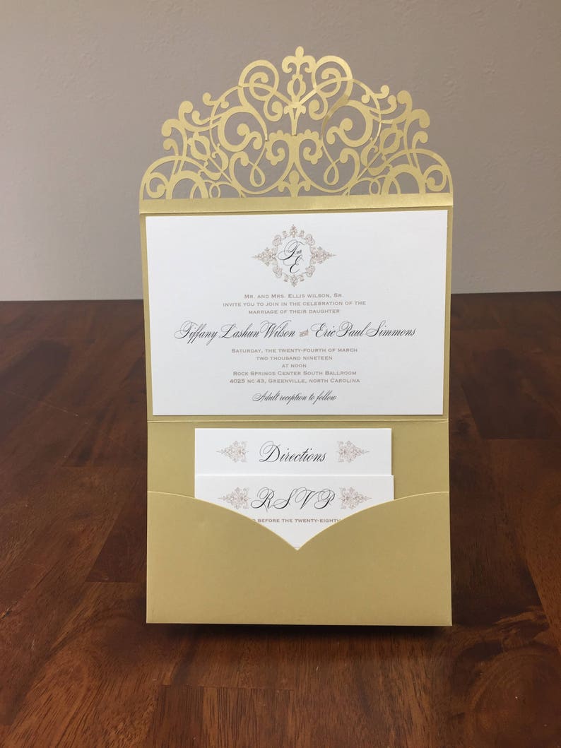 Horizontal Laser Cut Wedding Invitations Pocket Tri-fold Wedding Invitation Laser Cut Traditional Metallic Gold Wedding Invites Laser Cut image 1