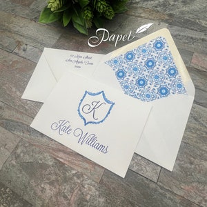 Set of 25 Personalized Foldover Notecard with printed return address and envelope liner, Thank you correspondence, Blue Scallop Medallion image 3