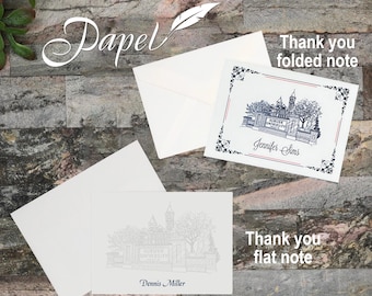 May include: White stationery set featuring a university illustration. Includes a folded note and a flat note, both with a detailed drawing of a building and the text "Thank you." The set also includes white envelopes.