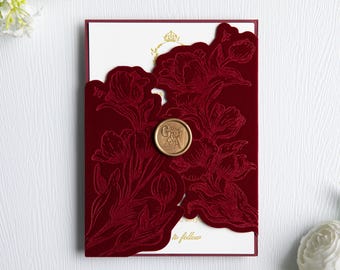 Gorgeous Wine Velvet Laser Cut Gatefold with Elegant Embossed Floral Design (other colors available)