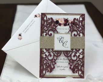 Laser Cut Wedding Invitation Burgundy, Marsala Rose Gold Wedding Invitation Pocket, Lace Laser Cut Pocket, Laser Cut Art Deco Gatsby