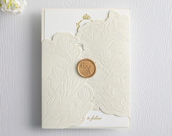 Ivory Cream Laser Cut Gatefold with Elegant Embossed Floral Design (other colors available)