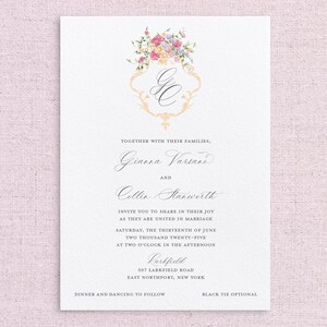 May include: Wedding invitation with a floral design and gold accents. The invitation announces the marriage of Gianna Varsano and Collin Starwerth on Saturday, June 13, 2025, at 2:00 PM at Larkfield, 507 Larkfield Road, East Northport, New York. The invitation also states that dinner and dancing will follow and that black tie is optional.