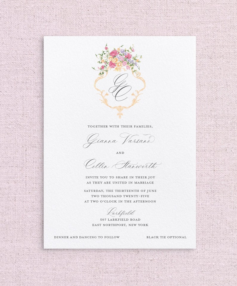 May include: Wedding invitation with a floral design and gold accents. The invitation announces the marriage of Gianna Varsano and Collin Starwerth on Saturday, June 13, 2025, at 2:00 PM at Larkfield, 507 Larkfield Road, East Northport, New York. The invitation also states that dinner and dancing will follow and that black tie is optional.