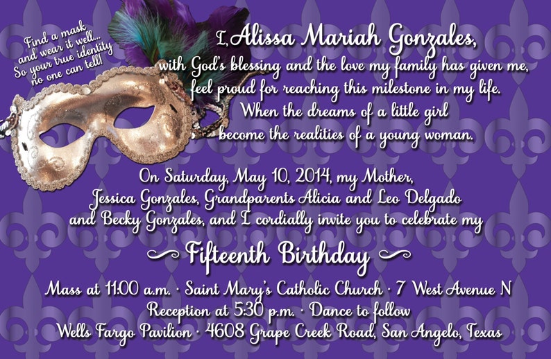 Quinceanera Mardi Gras Invitation Sweet 15 Mardi Gras Etsy