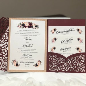 Custom Wedding Invitations, Laser Cut Invitations, Burgundy, Die Cut, Shimmer Wedding Invitations, Quinceañera Invitations