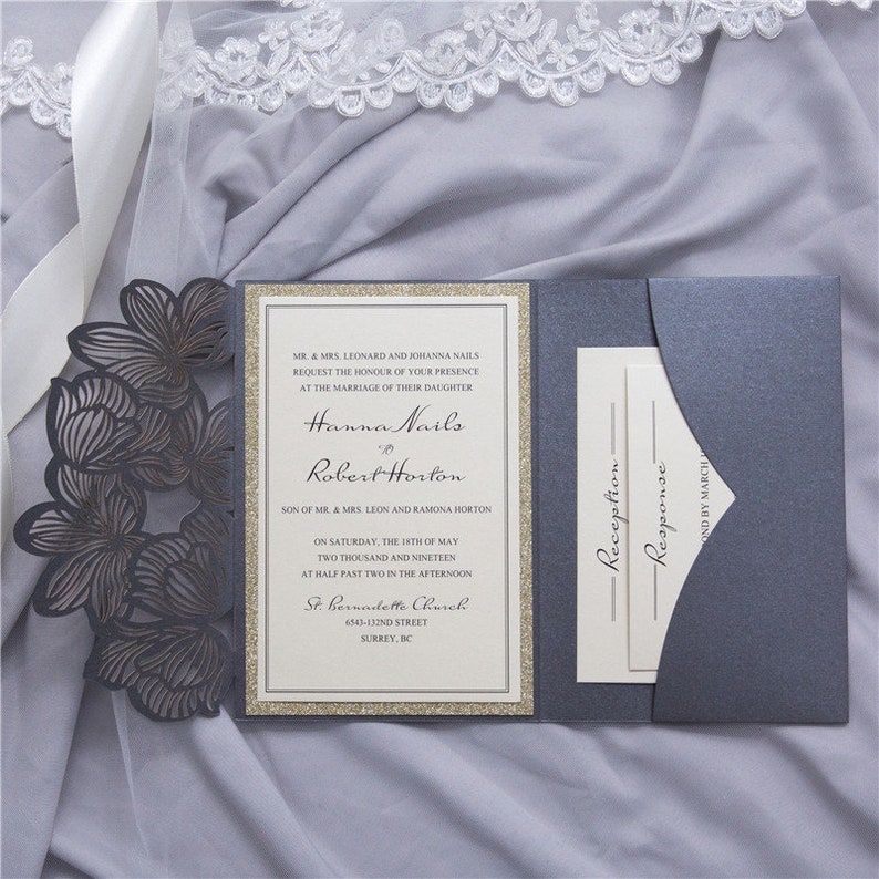 Gorgeous Laser Cut Wedding Invitations Pocket Wedding Die Cut Laser Cut Traditional Gray Grey Shimmer Wedding Invites Laser Cut image 3