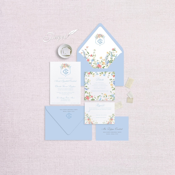 Floral Wedding Invitations: Blue Envelopes, Romantic Garden Design