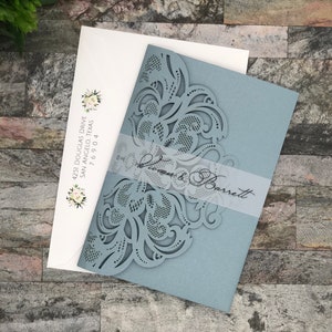 Dusty Blue Lace Laser Cut Wedding Invitations