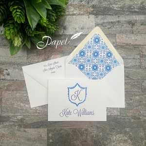 Set of 25 Personalized Foldover Notecard with printed return address and envelope liner, Thank you correspondence, Blue Scallop Medallion image 2