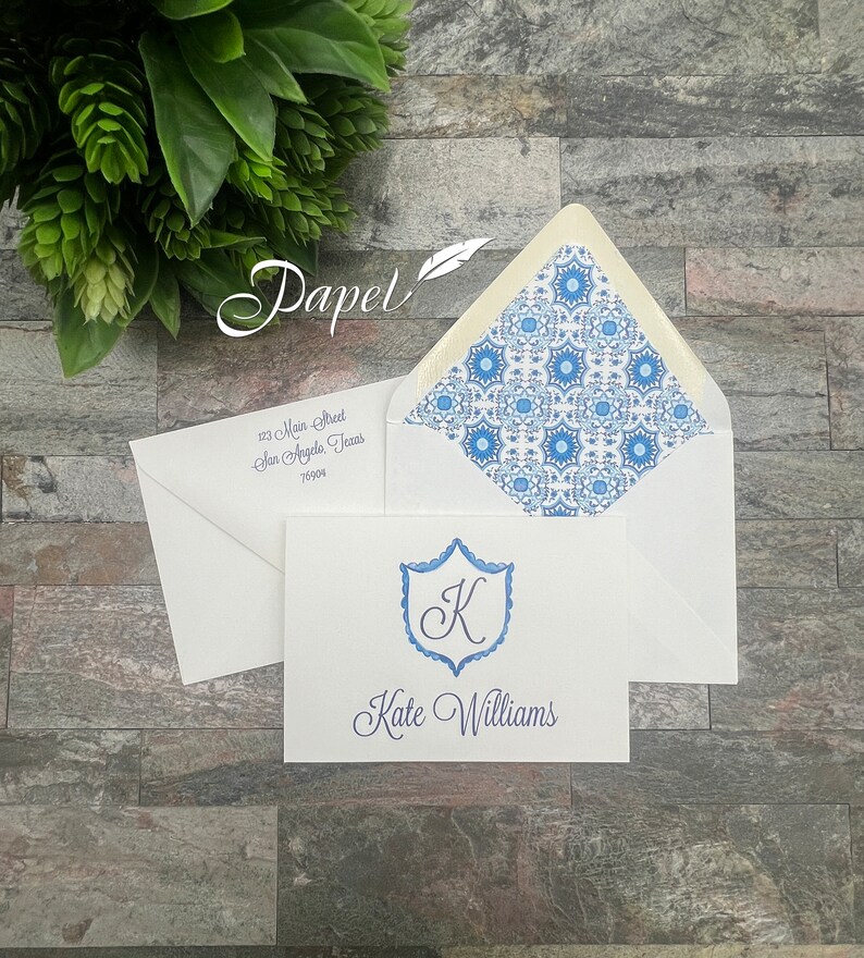 Set of 25 Personalized Foldover Notecard with printed return address and envelope liner, Thank you correspondence, Blue Scallop Medallion image 2